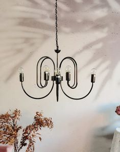 a black chandelier hanging from the ceiling in a room with white walls and plants