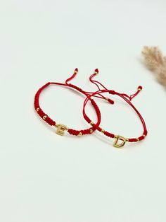 Adjustable bracelet Red String With Gold Filled Letter and Beads. Serpent and Macrame Pattern. Adjustable Red Friendship Bracelets With Letter Beads, Red Name Bracelet With Letter Beads For Gift, Adjustable Red Bracelet With Letter Beads, Adjustable Red Name Bracelet For Gift, Red String Bracelet, Red String, String Bracelet, Macrame Patterns, Miami Fl