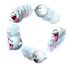 four ghost heads with their mouths open and tongue out in the shape of a circle