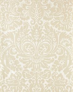 a white and beige wallpaper with an ornate design on it's side,