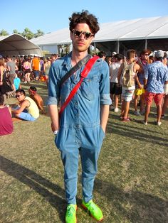 i'm on the fence with this look, lol Coachella 2013 wish I was there! Mens Jumpsuit, Mens Coveralls, Jumpsuit Shorts, Denim Jumpsuits