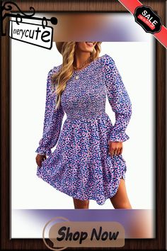 Blue Floral Print Smocked Long Sleeve Dress Fitted Smocked Long Sleeve Dress For Vacation, Fitted Smocked Dress With Long Sleeves For Vacation, Fitted Long Sleeve Smocked Dress For Vacation, Blue Long Sleeve Smocked Summer Dress, Blue Long Sleeve Smocked Dress For Summer, Blue Long Sleeve Smocked Dress With Ruffles, Long Sleeve Smocked Dress For The Beach, Long Sleeve Fitted Smocked Dress For Beach, Blue Smocked Dress With Long Sleeves