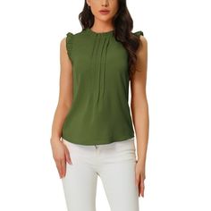 Sleek and elegant, this blouse is suitable for work or play. It is shaped with an elegant crew neckline, pleats detailing and comes in a relaxed cut for breezy wear. The ruffled sleeves give it a playful feel. Style with wide legs pants for a smart-casual finish. Suitable for summer, easy to match with jeans, shorts, skirt, cardigan. Occasion: Office Work, Daily Casual, Going Out, Date, Weekend Gathering, Coffee Shop, etc. Please check your measurements to make sure the item fits before ordering Solid Color Sleeveless Blouse For Work, Fitted Sleeveless Pleated Top, Fitted Pleated Sleeveless Top, Office Crew Neck Blouse, Sleeveless Blouse For Work, Sleeveless Solid Color Blouse For Work, Sleeveless Solid Color Tops For Work, Elegant Crew Neck Tank Top, Sleeveless Pleated Tops For Spring