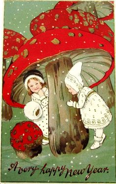 Vintage Mushroom Art, Mushrooms Toadstools, Blood Witch, Haunted Garden, Victorian Cards, Mushroom People, Vintage Happy New Year, Holiday Crafts Decorations, Nature Fairy