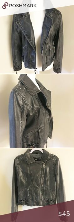 Miss Sixty Vegan Washed Leather Jacket Size Large Soft vegan leather motorcycle inspired jacket. Size large (women’s size 10), in color Gunmetal. Cropped, fitted shape. Pre owned in great condition, no flaws. This jacket still feels like real leather!  Studded shoulders  Asymmetrical zip closure Angled zip pockets  Double buckle tabs at banded hem Snap tab zip cuffs Shell is 100% polyurethane and can be wiped clean with damp cloth   Measurements:  Pit to pit 19” Length 22” Sleeve 25”  Thanks for Washed Leather Jacket, Cloth Measurements, Miss Sixty, Real Leather, Military Jacket, Vegan Leather, Zip Pockets, Jackets For Women, Leather Jacket