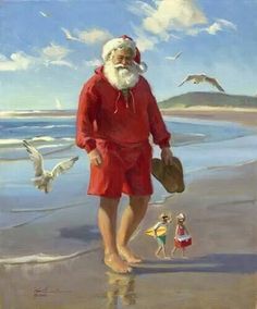 a painting of santa claus on the beach with his feet in the sand and seagulls flying around