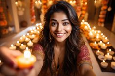 a woman holding a lit candle in front of candles on the ground with lights all around her