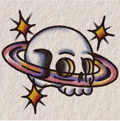 a drawing of a skull with saturn in the background and stars on it's side