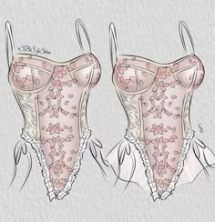 two bras with pink flowers on them, one is drawn in pencil and the other has