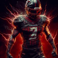 a football player wearing a uniform with lightning in the background