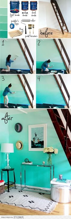 step by step instructions on how to paint a room in teal and white colors