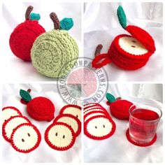 crocheted apples and apple coasters are shown in four different pictures, each with an apple