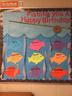 a bulletin board with fish on it and the words, fishing you a happy birthday