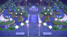 the garden is decorated with stars and trees