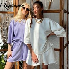 Rapcopter Solid Color Two Pieces Sets Oversized T Shirt Tracksuits y2k Harajuku Basic Casual Shorts Suits Women Summer Homewear| | - AliExpress Women Set