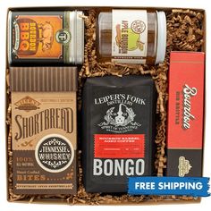 an assortment of coffees and snacks in a box