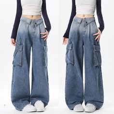 Women's Fashion High Waist Overalls Denim Cargo Pants Jeans Color: Blue Material: Cotton Blend Asian Size: S M L XL Note: Asian size is smaller than US Size S: Length 100cm/ 39.3in, Waist 64cm/ 25.2in, Hip 98cm/ 38.6in M: Length 102cm/ 40.1in, Waist 68cm/ 26.7in, Hip 102cm/ 40.1in L: Length 103cm/ 40.5in, Waist 72cm/ 28.3in, Hip 106cm/ 41.7n XL: Length 104cm/ 40.9in, Waist 76cm/ 29.9in, Hip 110cm/ 43.3in Note:  1.Due to the difference between different monitors, the picture may not reflect the a Cargo Pants Jeans, Straight Cargo Pants, Denim Washes, Overalls Denim, Denim Cargo Pants, Denim Cargo, Fashion Inspiration Design, Baggy Pants, Baggy Pant