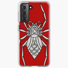 a red and white phone case with an image of a bug on it