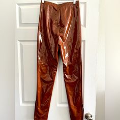 Faux Leather High Waisted Pants In Cognac With Ankle Slits And Runched Bottom, Size Small/4 From Shein! Very Cute And Sassy, Like New. Never Worn! Trendy Brown Leather Pants For Party, Brown Party Pants For Fall, Brown Stretch Leather Pants For Party, Brown High-waisted Pants For Party, Fitted Brown Bottoms For Party, Brown Full-length Pants For Night Out, Brown Full Length Pants For Night Out, Leather High Waisted Pants, Shein Pants