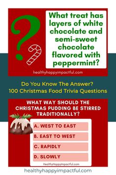 Christmas food trivia questions with a red and white candy cane, chocolate treat image, and question options. Merry Christmas Food, Movies Food, Traditional Holiday Recipes