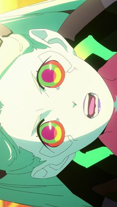 an anime character with red eyes and white hair, looking at the camera while standing in front of colorful background