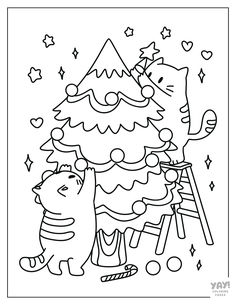 Kawaii cats decorating Christms tree with star on top Christmas Coloring Printables, Christmas Activity For Kids, Christmas Tree Coloring, Kids Christmas Coloring Pages, Christmas Colouring Pages, Xmas Drawing, Tree Coloring, Free Christmas Coloring Pages, Christmas Tree Drawing