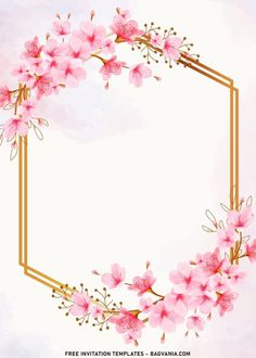 pink flowers and gold frame on a white background with watercolor paint effect in the middle