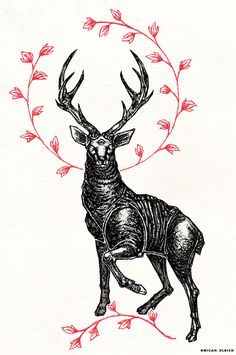 an ink drawing of a deer standing on top of a branch with leaves around it