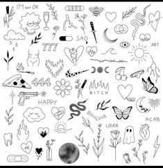 a bunch of doodles that are drawn in black and white