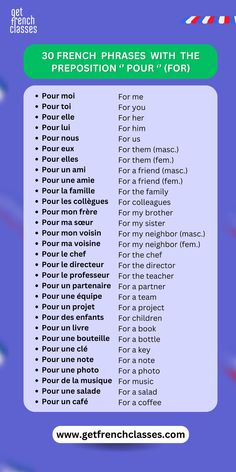 30 French phrases with the preposition "pour" that translates to "for" in English.