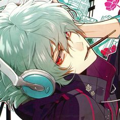 an anime character with green hair wearing headphones