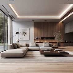 a modern living room with wooden floors and large windows