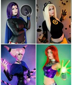 four different photos of women dressed in costumes and hair, with hands on their hips