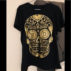 Gold Color Skull Black Top Size L Black Graphic Print Top For Day Of The Dead, Skull Shirt, Skull Shirts, Black Top, Shirt Color, Gold Color, Colorful Shirts, Womens Tops, Tops & Tees