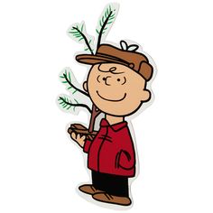 a sticker of a man holding a tree branch in his right hand and wearing a hat