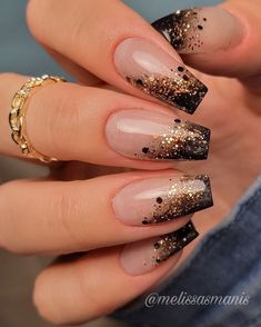 Gold Sparkle Nails, Colorful Nails, Sparkle Nails, Nail Designs Glitter, New Year's Nails, Prom Nails, Fancy Nails, Chic Nails, Short Acrylic Nails