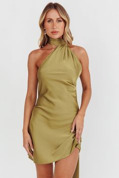 Awaken One-Shoulder Halter Mini Dress Sage by Selfie Leslie Wedding Guest Dress Mini, Dress Sage, Yellow Bridesmaids, Red Bridesmaids, Career Fashion, Romantic Date, Blue Bridesmaids, Halter Mini Dress, Iron Material