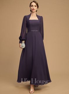 [US$ 159] A-line Queen Anne Ankle-Length Chiffon Mother of the Bride Dress With Sequins Beading (008284779) Grooms Mom Dress, Full Length Dresses, Purple Evening Gowns, Mom Dresses, Mob Dress, Ruffle Beading, Mother Of The Bride Dresses Long, Mother Of The Bride Gown, Bride Gown