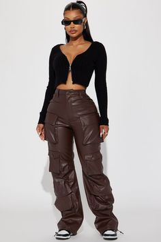 Available In Chocolate. Cargo Pant High Rise Button Zipper Closure Cargo Pockets Bungee Ankles Faux Leather Stretch Disclaimer: To Keep The Aesthetic Of This Garment, Please Follow The Care Instructions Carefully. 100% PU Imported | City Is Mine Faux Leather Cargo Pant in Chocolate Brown size 1X by Fashion Nova Dunk Outfit, Euphoria Fashion, 90s Y2k Fashion, Chocolate Fashion, Fashion Nova Outfits, Effortlessly Chic Outfits, Causal Outfits, Classy Casual Outfits