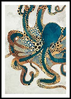 an octopus is painted on the wall in blue and gold colors, with black dots