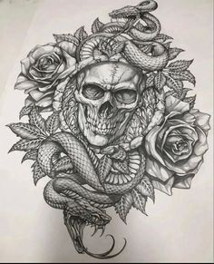 a drawing of a skull with roses and snakes on it's head, in the middle