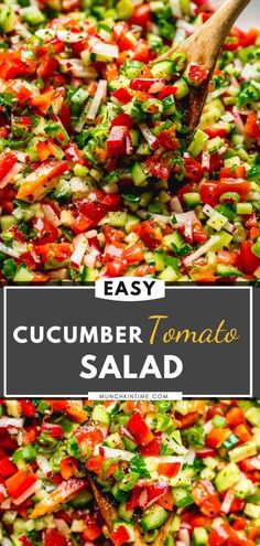 cucumber tomato salad with a wooden spoon in it and the title overlay reads easy cucumber tomato salad