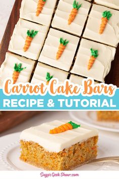 carrot cake bars with white frosting and green leaves on top, sitting on a plate