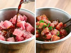 two pictures of food being poured into a bowl with chopsticks and sauce in it