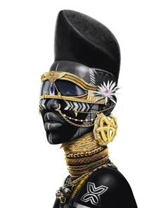 a man wearing a black and gold mask with jewelry on his face, in front of a white background