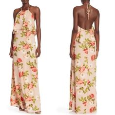 Us Size: Small Bust: 32-34 In. Waist: 26 In. A Beautiful Floral Print Decorates This Halter, Ruffled Aimee Maxi Dress. - Halter Neck With Back Tie Closure - Sleeveless - Popover Top - Floral Print - Woven Construction - Lined Pink Flowy Maxi Dress With Tie Back, Blush Flowy Maxi Dress For Spring, Pink Tie Back Maxi Dress For Brunch, Pink Tie-back Maxi Dress For Brunch, Ruffle Maxi Dress, Mumu Dress, Dress Halter, Top Floral, Ruffled Maxi Dress