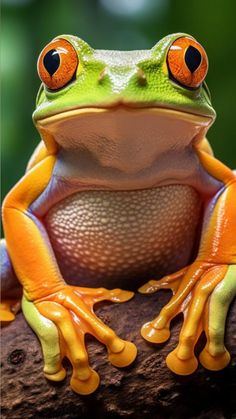 a frog with orange eyes sitting on top of a tree branch, looking at the camera