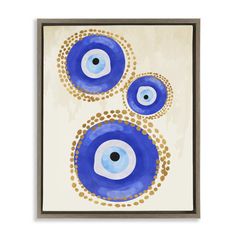 an abstract painting with blue circles and dots on it, in the shape of two eyeballs