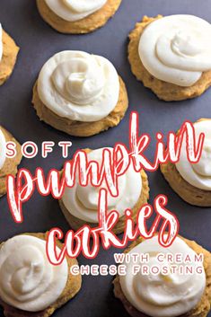 soft pumpkin cookies with cream cheese frosting on a baking sheet and text overlay