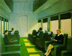 an oil painting of people sitting on seats in a train, with one person reading